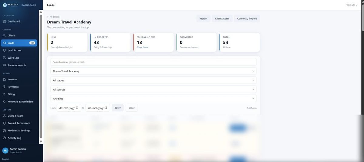 Lead dashboard, Dream Travel Academy