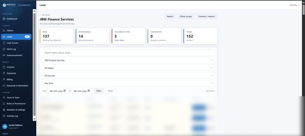Lead dashboard, JBM Finance Services